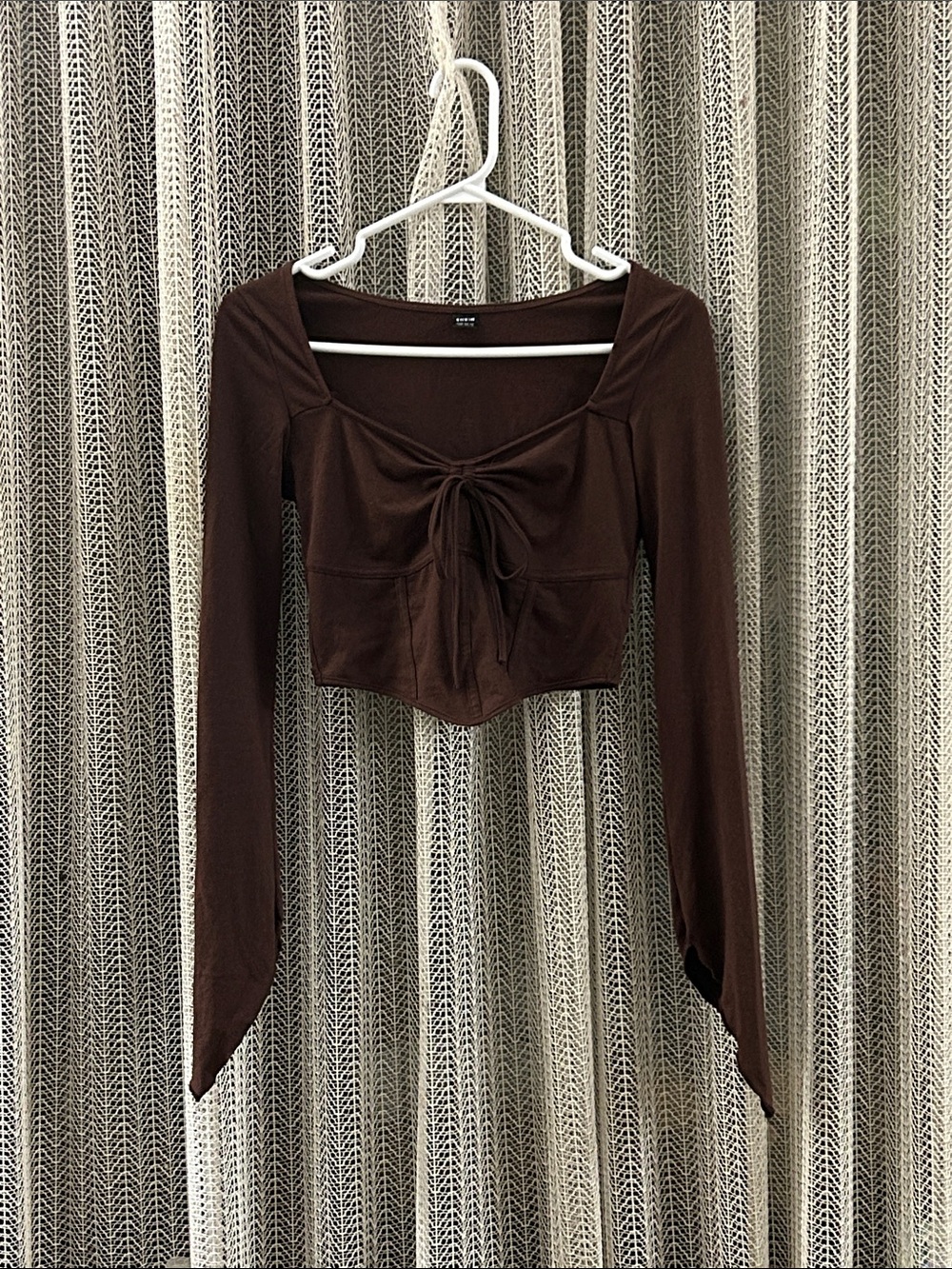 Brown Tie-Front Long Sleeve Crop Top
